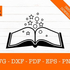 以下が含まれることがあります： ページから星と円が発せられる開いた本の白黒イラスト。画像には「SVG Design Studios」と「Instant Download」の文字が含まれています。本の下には、ファイルの種類があります：SVG - DXF - PDF - EPS - PNG.
