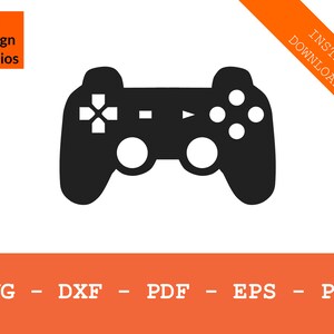 May include: Black and white silhouette of a video game controller. The controller has a directional pad, four buttons, and two analog sticks.