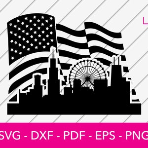 Chicago Svg, Chicago Skyline Svg, Chicago met Amerikaanse vlag Svg, Chicago Cityscape Svg, Chicago Silhouet Svg, Chicago Illinois Svg