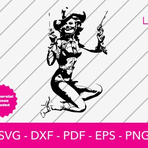 May include: Black and white silhouette of a woman wearing a cowboy hat and holding two pistols. She is wearing a short skirt and boots.