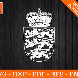 May include: A white silhouette of a coat of arms with three lions and a crown on top. The coat of arms is on a woodgrain background.