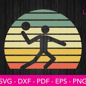 May include: A silhouette of a person playing volleyball against a retro sunset background with orange, yellow and green stripes.