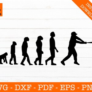 Könnte beinhalten: Eine schwarz-weiße Silhouette der Evolution des Menschen, die mit einem Baseballspieler endet, der einen Schläger schwingt.