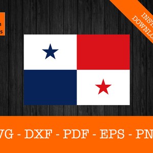 Op de afbeelding: Een digitale download van een vectorafbeelding van de vlag van Panama. De vlag is een wit rechthoek met een blauw vierkant in de linkerbovenhoek en een rood vierkant in de rechterbovenhoek. Een witte vijfpuntige ster bevindt zich in het midden van het blauwe vierkant en een rode vijfpuntige ster bevindt zich in het midden van het rode vierkant. De vlag is beschikbaar in de formaten SVG, DXF, PDF, EPS en PNG.
