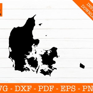 May include: A black and white silhouette of the country of Denmark. The outline of the country is shown with the islands of Zealand, Funen, and Jutland.