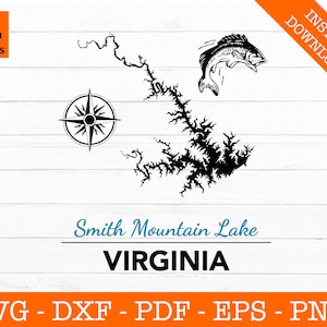 Smith Mountain Lake, Virginia Map SVG Cut File - PNG - DXF - Cricut - Vector Clipart - Téléchargement instantané - Licence commerciale incluse