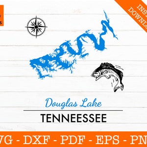 Douglas Lake SVG, Tennessee Karte mit Kompass und Bass geschnitten Datei - PNG - DXF - Cricut - Sommer Vektor Clipart - kommerzielle Lizenz enthalten