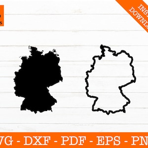 Könnte beinhalten: Eine schwarz-weiße Umrisszeichnung Deutschlands. Der Umriss ist links schwarz gefüllt und rechts nur ein Umriss. Das Bild ist auf einem weißen Holzmaserungshintergrund.