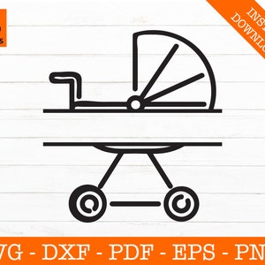 Könnte beinhalten: Schwarz-weiße Strichzeichnung eines Kinderwagens. Das Design umfasst eine Haube, einen Griff und Räder. Das Bild enthält auch den Text "SVG Design Studios" und "SOFORT-DOWNLOAD". Unter dem Kinderwagen wird der Text "SVG - DXF - PDF - EPS - PNG" angezeigt.