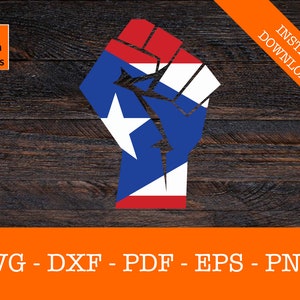 Puede incluir: Un puño levantado con los colores de la bandera de Puerto Rico. El puño es rojo, blanco y azul con una estrella blanca en el centro. El fondo es una veta de madera oscura.