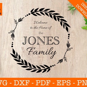 Puede incluir: Diseño de archivo de corte SVG en blanco y negro con una corona y el texto "Bienvenido al hogar de la familia JONES".