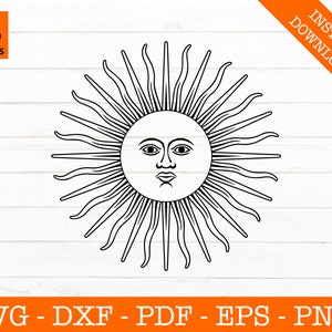 May include: Black and white sun design with a face, surrounded by rays. The image includes the text "SVG Design Studios" and "INSTANT DOWNLOAD". Below the sun graphic are the file types: SVG - DXF - PDF - EPS - PNG.