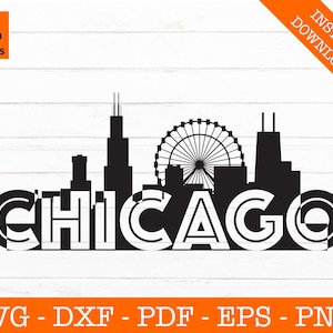 Chicago, Illinois Skyline Cityscape Silhouette Shadow SVG Cut File - PNG - DXF - Cricut - Vector Clipart - Download instantâneo
