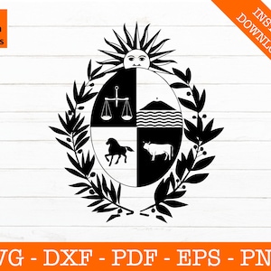 Puede incluir: Ilustración en blanco y negro del escudo de armas de Argentina. El escudo de armas presenta un sol, una balanza, una montaña, un caballo y una vaca. El escudo de armas está rodeado por una corona de ramas de olivo.