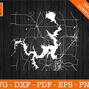 Detaillierte See Texoma, Texas Karte Form SVG geschnitten Datei - PNG - DXF - Cricut - Sommer Vektor Clipart - kommerzielle Lizenz enthalten