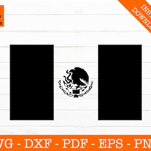 May include: Black and white silhouette of the Mexican flag. The flag features a coat of arms with an eagle perched on a cactus, holding a snake in its beak. The eagle is surrounded by a wreath of oak and laurel branches.