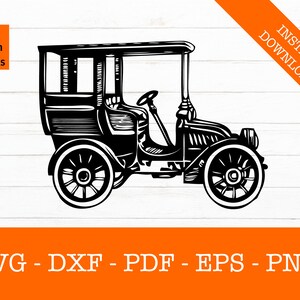 May include: Black and white silhouette of a vintage car with a rounded hood, a single driver's seat, and a large, open passenger compartment. The car has four wheels and a spare tire on the back.