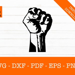 May include: Black and white silhouette of a raised fist, a symbol of strength and unity.