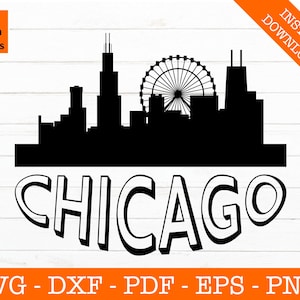 Chicago, Illinois Skyline stadsgezicht silhouet schaduw SVG gesneden bestand - PNG - DXF - Cricut - Vector Clipart - Instant Download