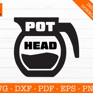 May include: Black and white silhouette of a coffee pot with the text "POT HEAD" on it.