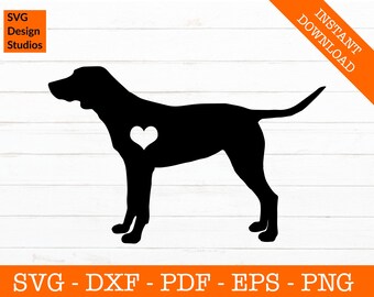 May include: Black silhouette of a dog with a heart in its chest. The dog is standing on a white wooden background.