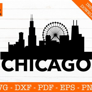 Chicago, Illinois Skyline stadsgezicht silhouet schaduw SVG gesneden bestand - PNG - DXF - Cricut - Vector Clipart - Instant Download