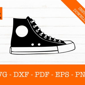 May include: Black and white silhouette of a high-top trainer with a round toe and laces. The trainer has a white sole and a circle on the side.