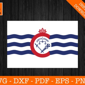 May include: A white flag with three blue wavy lines and a red circle in the center. The circle contains a scale, two swords, and a caduceus. The text "JUNCTA JUVANT" is written around the circle.