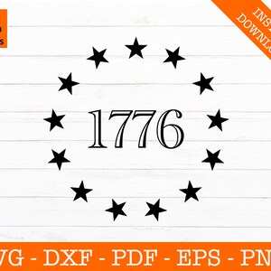 May include: A black and white design of a circle of stars surrounding the number 1776.
