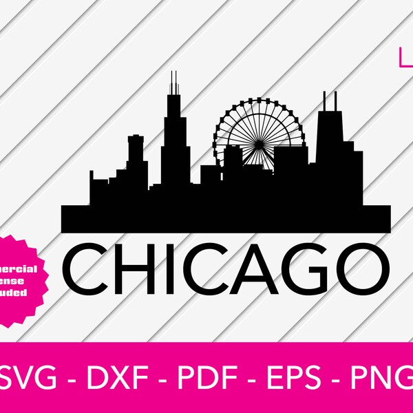 Chicago, Illinois Skyline Cityscape Silhouette Shadow SVG Cut File - PNG - DXF - Cricut - Vector Clipart - Instant Download