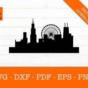 Chicago, Illinois Skyline Cityscape Silhouette Shadow SVG Cut File - PNG - DXF - Cricut - Vector Clipart - Instant Download