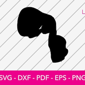 May include: A black silhouette of a lake in the shape of a person's head.