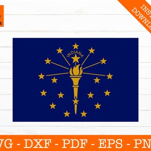 May include: A digital download of a vector graphic design featuring the state flag of Indiana. The flag is blue with a gold torch and 13 gold stars.