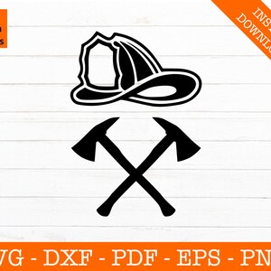 May include: Black and white silhouette of a firefighter's helmet and two crossed axes.