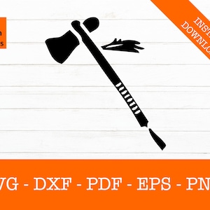 May include: Black silhouette of a tomahawk with a long handle and a curved blade. The image includes the text "SVG Design Studios" and "Instant Download". Below the tomahawk are the file types: SVG, DXF, PDF, EPS, and PNG.