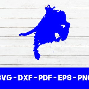 May include: A blue silhouette of a lake on a white woodgrain background. The text "SVG - DXF - PDF - EPS - PNG" is at the bottom of the image.