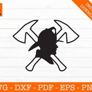 May include: Black silhouette of a firefighter with a helmet and crossed axes. The firefighter is facing to the right.