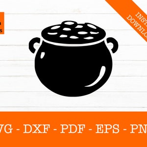May include: Black and white silhouette of a pot filled with gold coins. The pot has a rounded body and two handles.  The image is suitable for use as a digital cut file for crafting projects.
