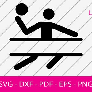 May include: Black and white silhouette of two people playing volleyball. The players are facing each other and are in the middle of a jump. The net is represented by two horizontal lines.