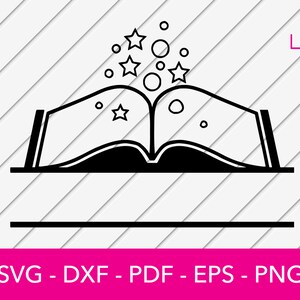 以下が含まれることがあります： 開いた本の上に星と円が描かれた白黒のイラスト。本の下にはテキスト用の空白があります。