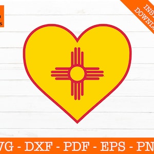 May include: A red heart-shaped outline with a yellow interior. The center of the heart features the state flag of New Mexico, which is a red Zia symbol with a yellow sun in the center.