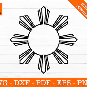 May include: A black and white outline of the sun with eight rays, resembling the sun on the flag of the Philippines.
