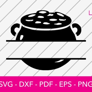 May include: Black and white silhouette of a pot of gold with a split design for adding text. The pot has a rounded bottom and a wide opening with a handle on each side.