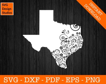 May include: A white outline of the state of Texas with a black and white floral design on the right side. The design features swirls and flowers.