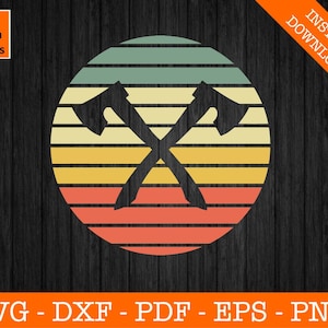 May include: A retro-style design featuring two crossed axes in front of a sunset with orange, yellow, and green stripes.