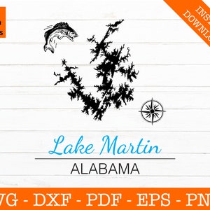 Lake Martin Svg, Lake Martin, Alabama kaart vorm SVG gesneden bestand - PNG - DXF - Cricut - zomer Vector Clipart