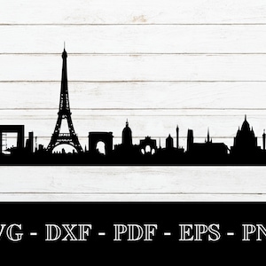 May include: Black silhouette of the Paris skyline, featuring the Eiffel Tower, Arc de Triomphe, and other iconic landmarks.