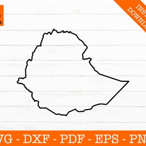 Puede incluir: Un contorno en blanco y negro del país de Etiopía. El contorno es un diseño simple y plano.