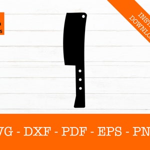 May include: Black silhouette of a butcher knife with a handle.  The knife is isolated on a white wood background.