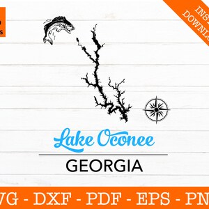 Lake Oconee SVG, Georgia Karte Form SVG, Bass SVG, Kompass SVG, Georgia SVG, geschnitten Datei - PNG - DXF - Cricut - Sommer Vektor Clipart